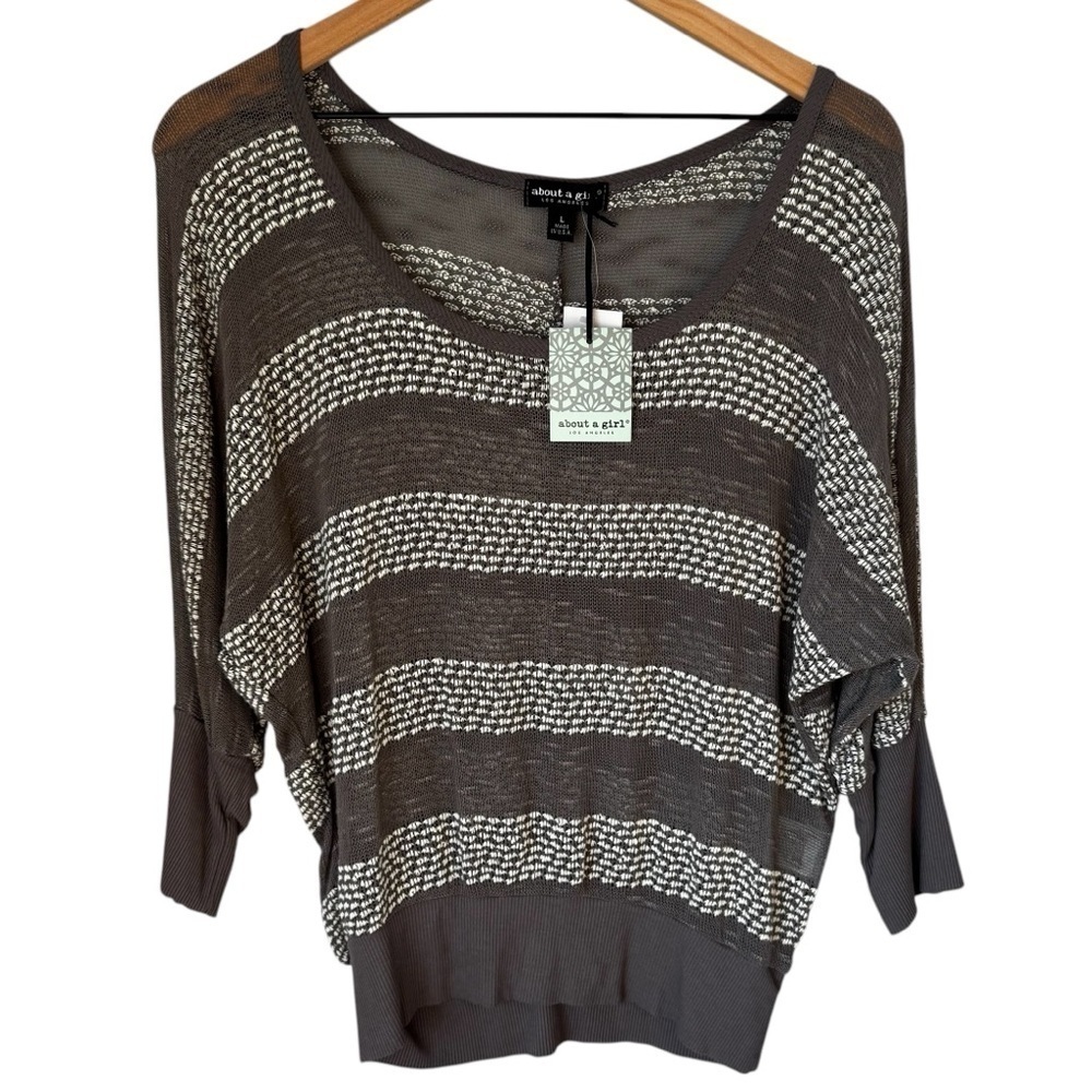 NWT About A Girl Sweater- Size Large- Sheer Knit Slate Grey Stripe Dolman Sleeve